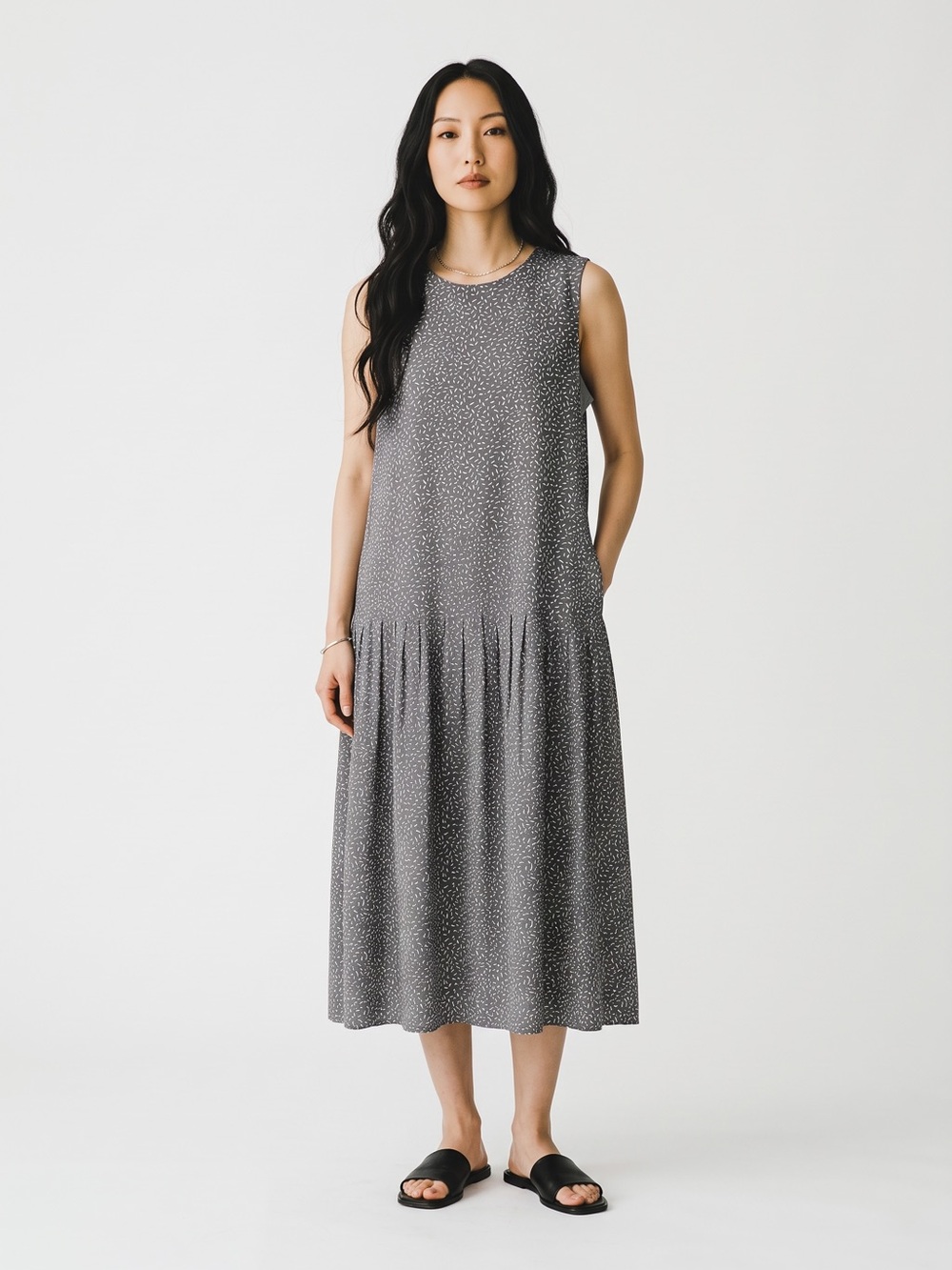 Lafayette 148 XL Gray White Print Drop Waist Silk Maxi Dress Button Back